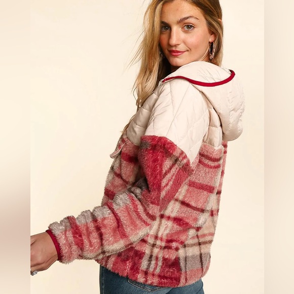 Taupe & Pink Half-Zip Plaid Hooded Sherpa Fleece & Puffer Winter Woman  Pullover - Picture 12 of 16